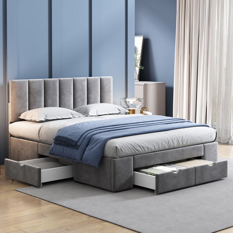 foto del prodotto letto imbottito letto matrimoniale letto contenitore con rete a doghe con 4 cassetti 140x200 cm 