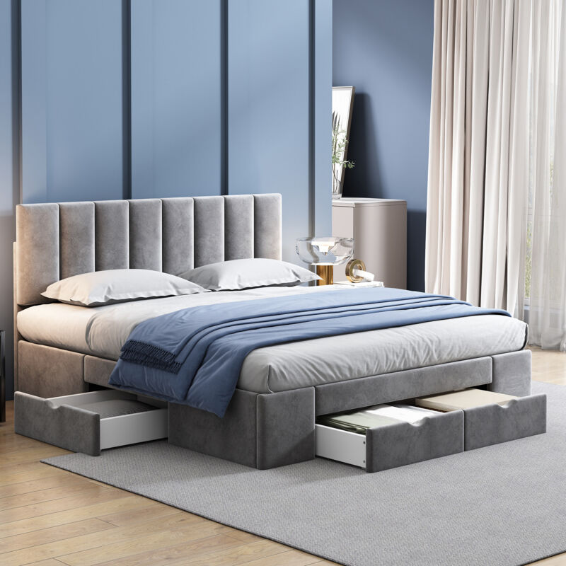 foto del prodotto letto imbottito letto matrimoniale letto contenitore con rete a doghe con 4 cassetti 160x200 cm 