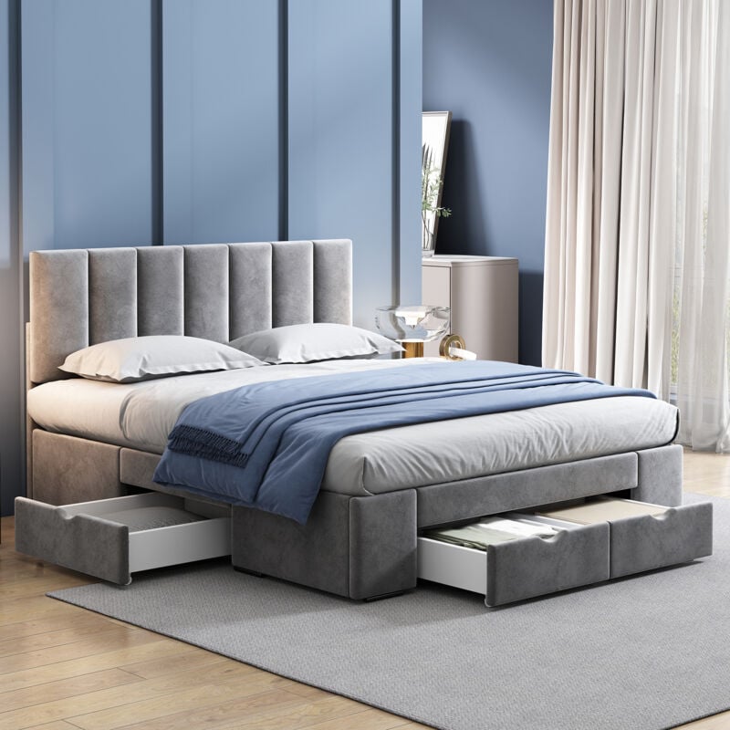 foto del prodotto letto imbottito letto matrimoniale letto contenitore letto con rete a doghe con 4 cassetti 140x200 cm okwish