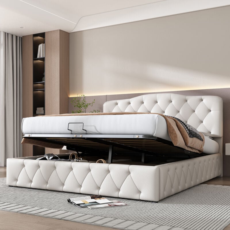 foto del prodotto letto imbottito, letto matrimoniale, letto funzionale idraulico, letto continentale, testiera regolabile in altezza, motivo litchi, pelle sintetica,