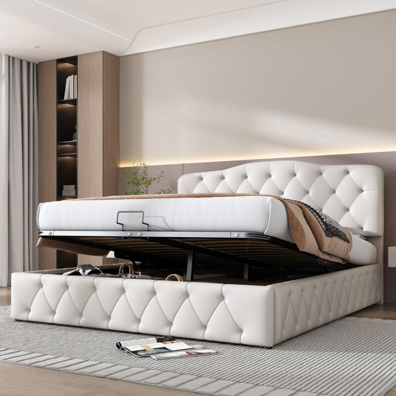 foto del prodotto letto imbottito, letto matrimoniale, letto funzionale idraulico, letto continentale, testiera regolabile in altezza, motivo litchi, pelle sintetica,