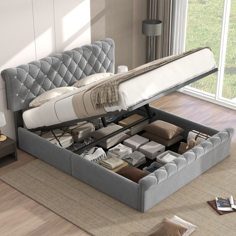foto del prodotto letto imbottito, letto matrimoniale, letto funzionale idraulico, velluto, letto continentale, fibbia in cristallo, testiera regolabile in altezza,