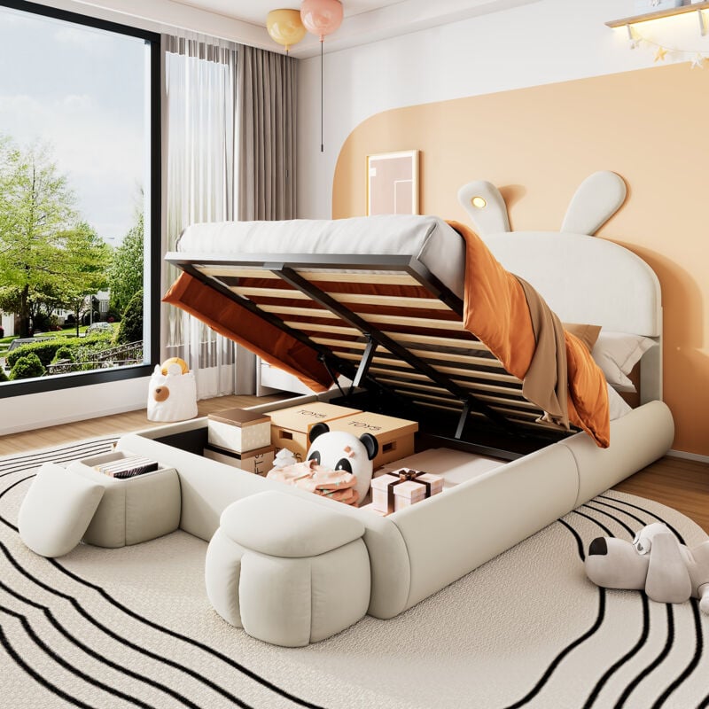 foto del prodotto letto imbottito, letto matrimoniale, letto idraulico, orecchie di coniglio con strisce luminose in colori caldi con luminosit regolabile, spazio