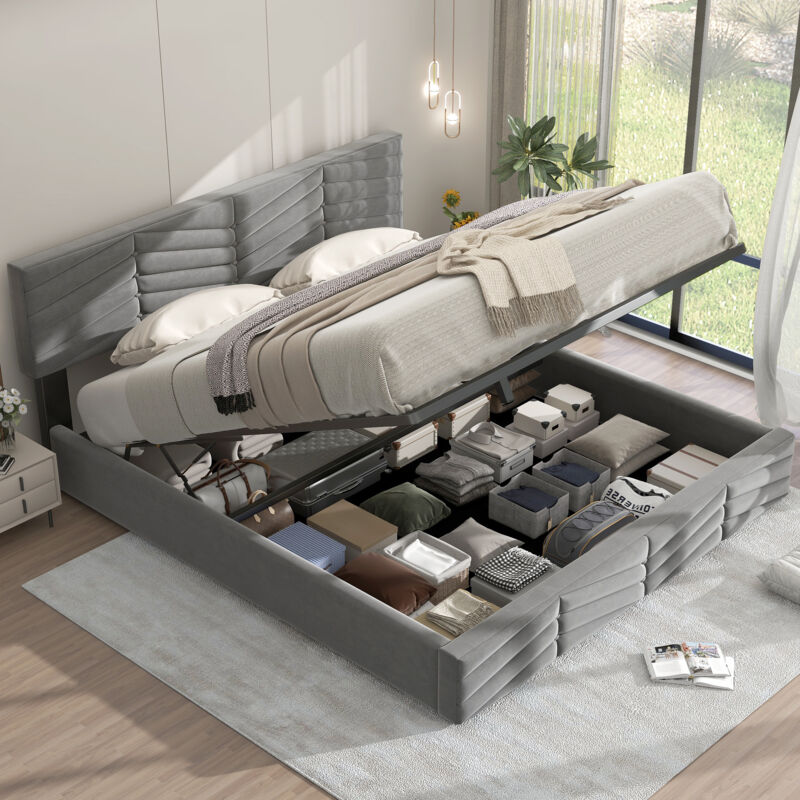 foto del prodotto letto imbottito, letto matrimoniale, letto idraulico, velluto, stile righe, letto continental, testiera regolabile in altezza, 160 x 200, grigio