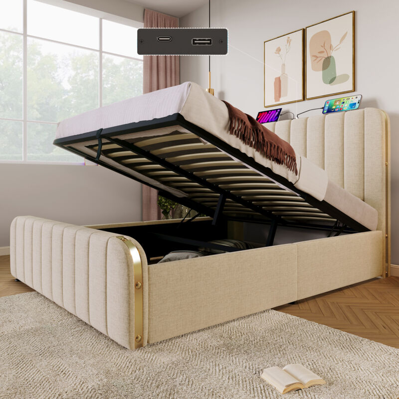 foto del prodotto letto imbottito, letto matrimoniale, testiera imbottita con finiture dorate e funzione di ricarica usb type c, 160 x 200 cm, tessuto in lino beige,