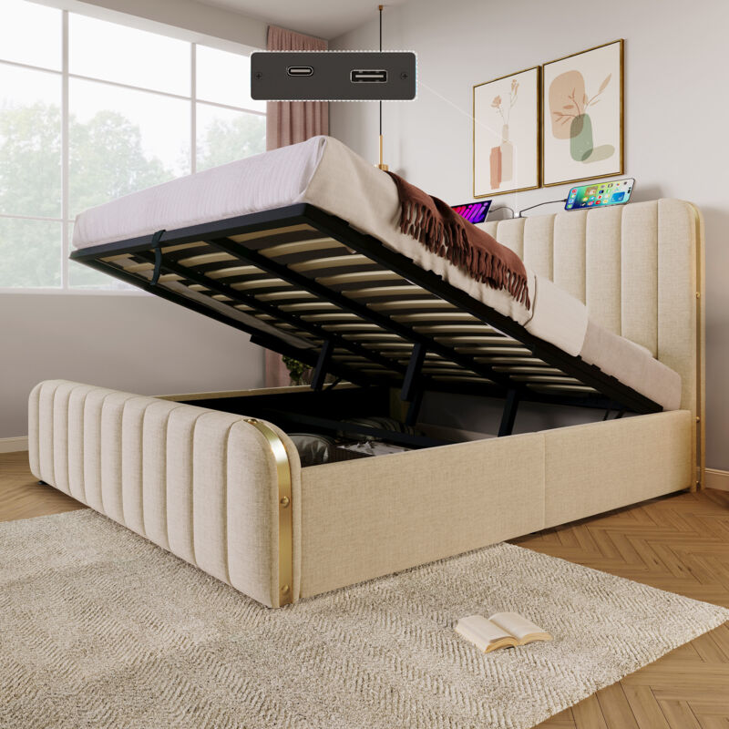 foto del prodotto letto imbottito, letto matrimoniale, testiera imbottita con finiture dorate e funzione di ricarica usb type c, 180 x 200 cm, tessuto in lino beige,