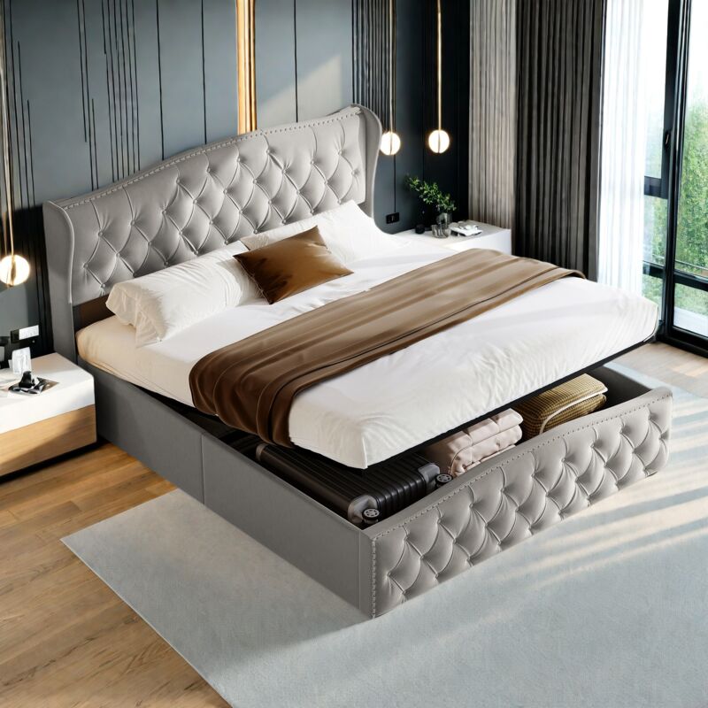 foto del prodotto letto imbottito, letto moderno con ampio spazio contenitore, 140 x 200 cm, tessuto in velluto con decorazione a rivetti. elegante letto matrimoniale