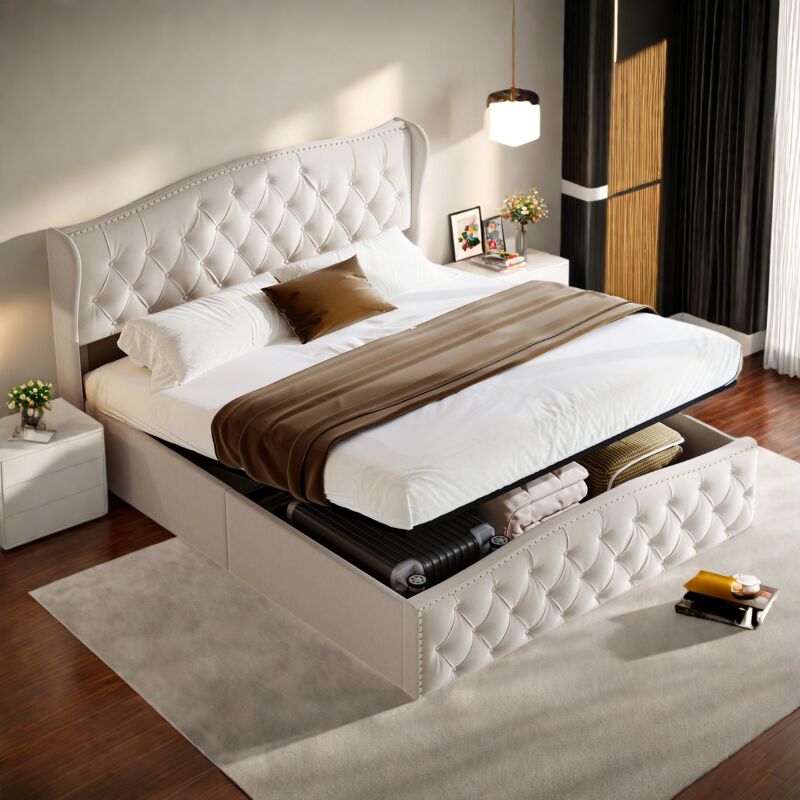 foto del prodotto letto imbottito, letto moderno con ampio spazio contenitore, 160 x 200 cm, tessuto in velluto con decorazione a rivetti. elegante letto matrimoniale