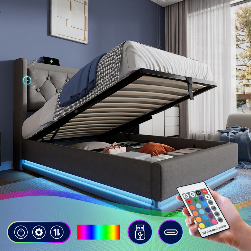 foto del prodotto letto imbottito letto singolo 90 x 200 cm, materiale cotone grigio, letto contenitore idraulico, testiera imbottita con funzione di ricarica usb