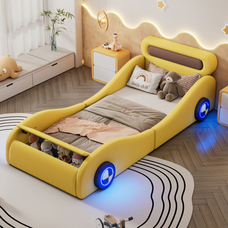 foto del prodotto letto imbottito, letto singolo 90x200 cm, letto per bambini, letto per ragazzi, letto imbottito a forma di automobile con ruote luminose e spazio per