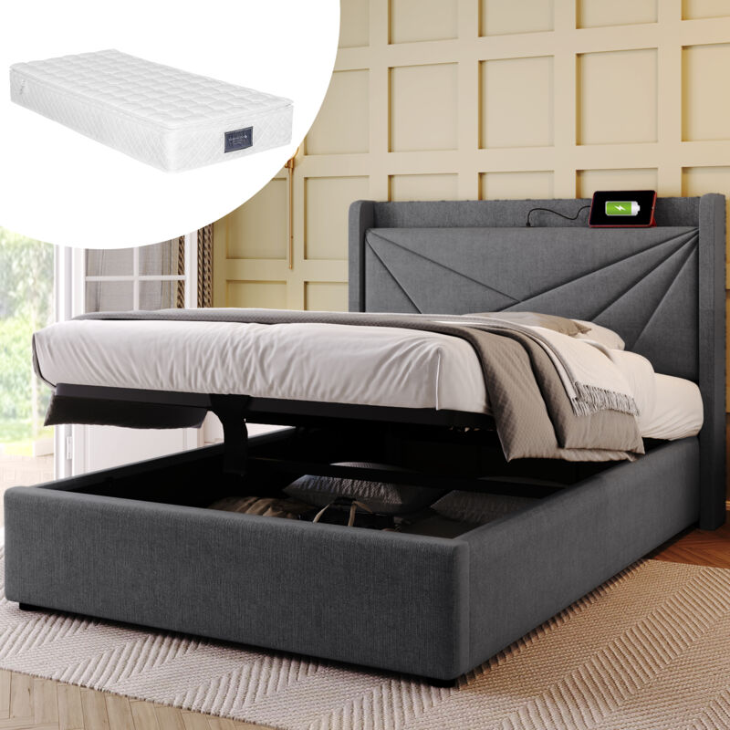 foto del prodotto letto imbottito letto singolo box contenitore con funzione di ricarica usb testiera tipo c, letti con contenitore giroletto in lino letto per ragazzi