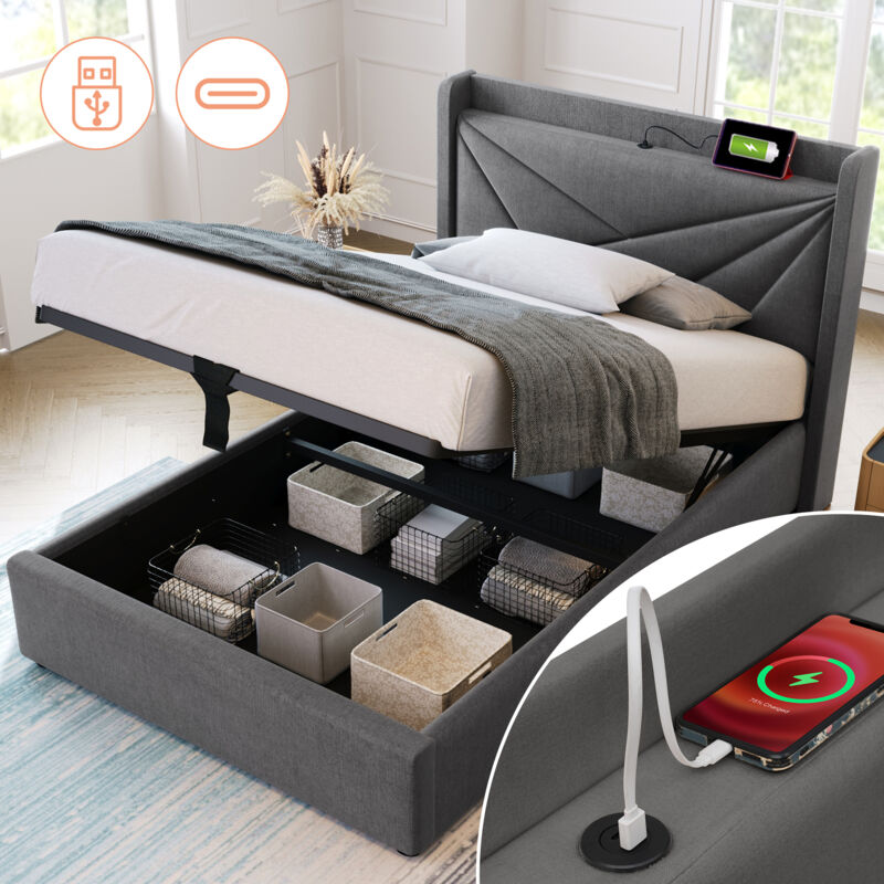 foto del prodotto letto imbottito letto singolo box contenitore con funzione di ricarica usb testiera tipo c, letti con contenitore giroletto in lino letto per ragazzi