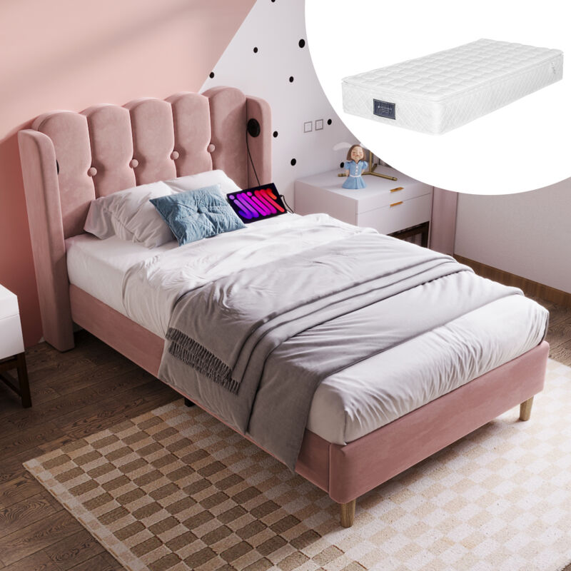 foto del prodotto letto imbottito letto singolo con funzione di ricarica usb tipo c, giroletto con rete a doghe, letto imbottito rosa, giroletto 90 x 200 cm, letto per