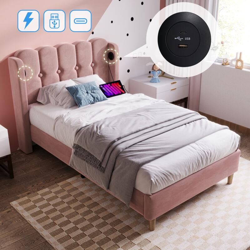 foto del prodotto letto imbottito letto singolo con funzione di ricarica usb tipo c, giroletto con rete a doghe, letto imbottito rosa, giroletto 90 x 200 cm, letto per