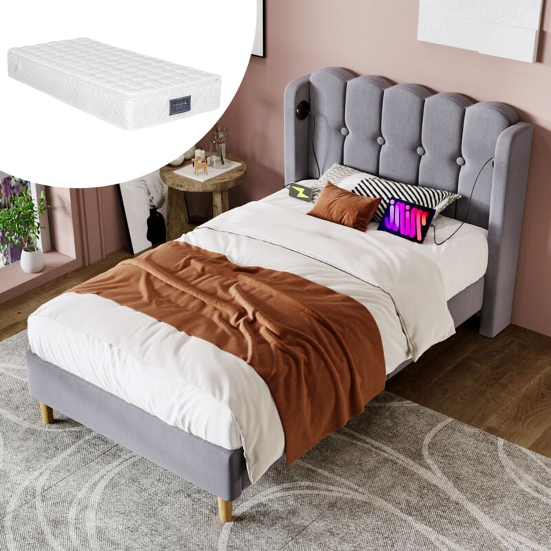 foto del prodotto letto imbottito letto singolo con funzione di ricarica usb tipo c, struttura letto con rete a doghe, letto imbottito in grigio, struttura letto 90 x