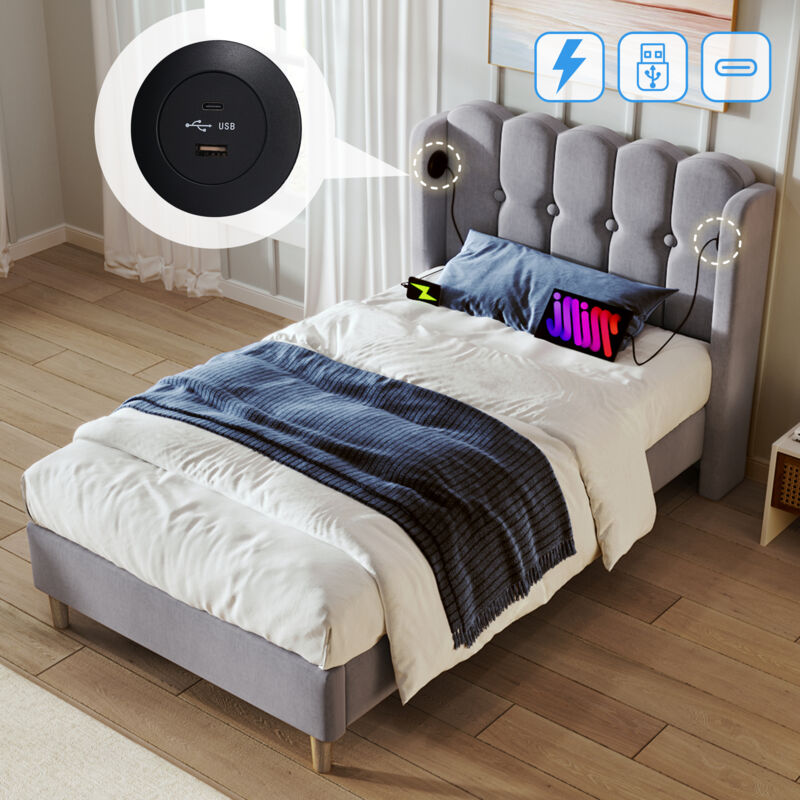 foto del prodotto letto imbottito letto singolo con funzione di ricarica usb tipo c, struttura letto con rete a doghe, letto imbottito in grigio, struttura letto 90 x