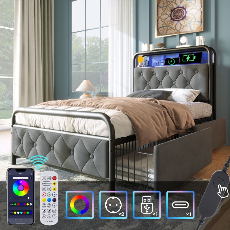 foto del prodotto letto imbottito letto singolo con ricarica funzione di ricarica usb tipo c controllo app struttura letto a led letto in metallo struttura letto