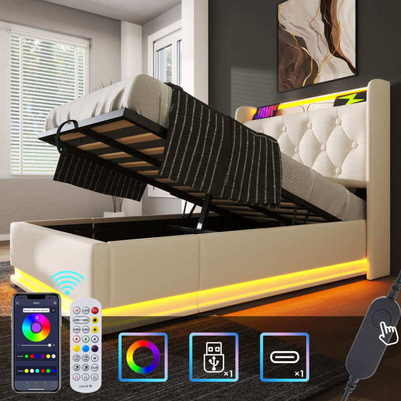 foto del prodotto letto imbottito letto singolo, funzione led surround 360, pulsante app telecomando, 90200 cm, materiale pu bianco letto contenitore idraulico,
