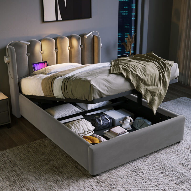 foto del prodotto letto imbottito letto singolo lampada da lettura con funzione di ricarica testiera contenitore giroletto in velluto letto per ragazzi 90x200 con rete