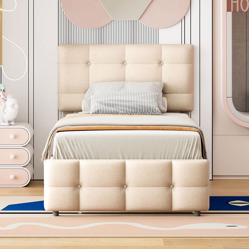 foto del prodotto letto imbottito letto singolo per bambini 90 x 200 cm con 1 letto estraibile, testiera regolabile, lino, beige
