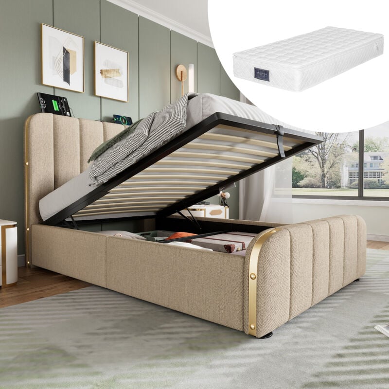 foto del prodotto letto imbottito letto singolo, testiera imbottita con strisce decorative dorate e funzione di ricarica usb type c 90 x 200 cm, tessuto di lino beige,