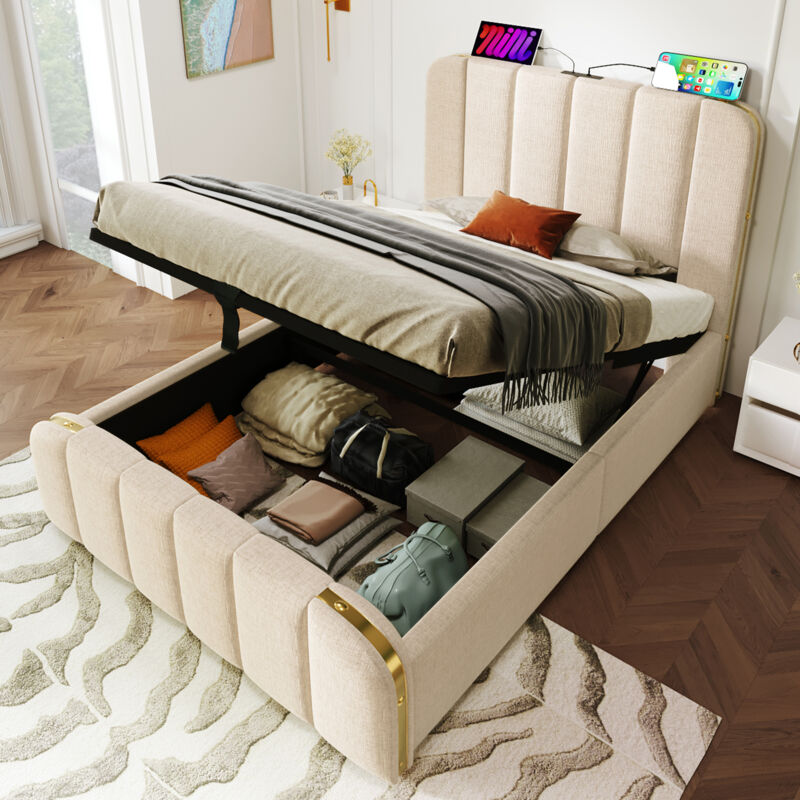 foto del prodotto letto imbottito letto singolo, testiera imbottita con strisce decorative dorate e funzione di ricarica usb type c 90 x 200 cm, tessuto di lino beige,