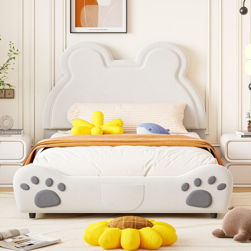 foto del prodotto letto imbottito magnifico letto per bambini, 140 x 200 cm, a forma di orso. letto singolo in velluto delicato sulla pelle, bianco