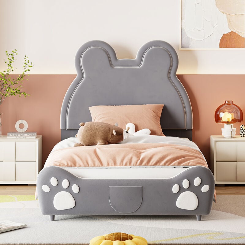 foto del prodotto letto imbottito magnifico letto per bambini, 90 x 200 cm, a forma di orso. letto singolo in velluto delicato sulla pelle, grigio