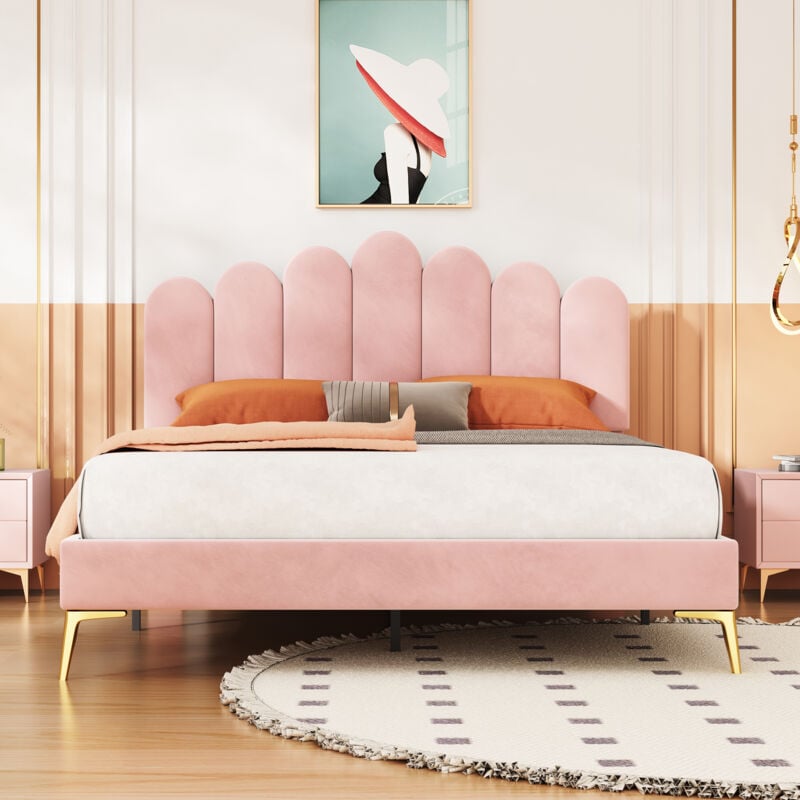 foto del prodotto letto imbottito matrimoniale 140 x 200 cm, giroletto con testiera e rete a doghe, letto ospiti per adulti e ragazzi in tessuto di velluto delicato