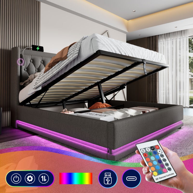 foto del prodotto letto imbottito matrimoniale 140 x 200 cm, materiale cotone grigio, letto contenitore idraulico, testiera imbottita con funzione di ricarica usb