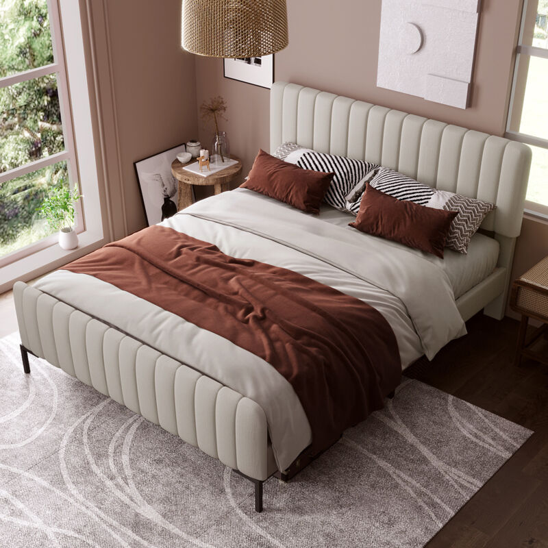 foto del prodotto letto imbottito matrimoniale 160 x 200 cm, giroletto con rete a doghe e testiera regolabile, letto imbottito beige, letto ragazzi per cameretta,