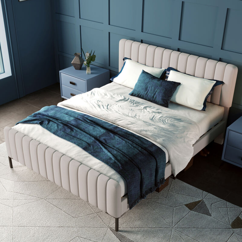 foto del prodotto letto imbottito matrimoniale 180 x 200 cm, giroletto con rete a doghe e testiera regolabile, beige, letto per ragazzi per cameretta, camera degli