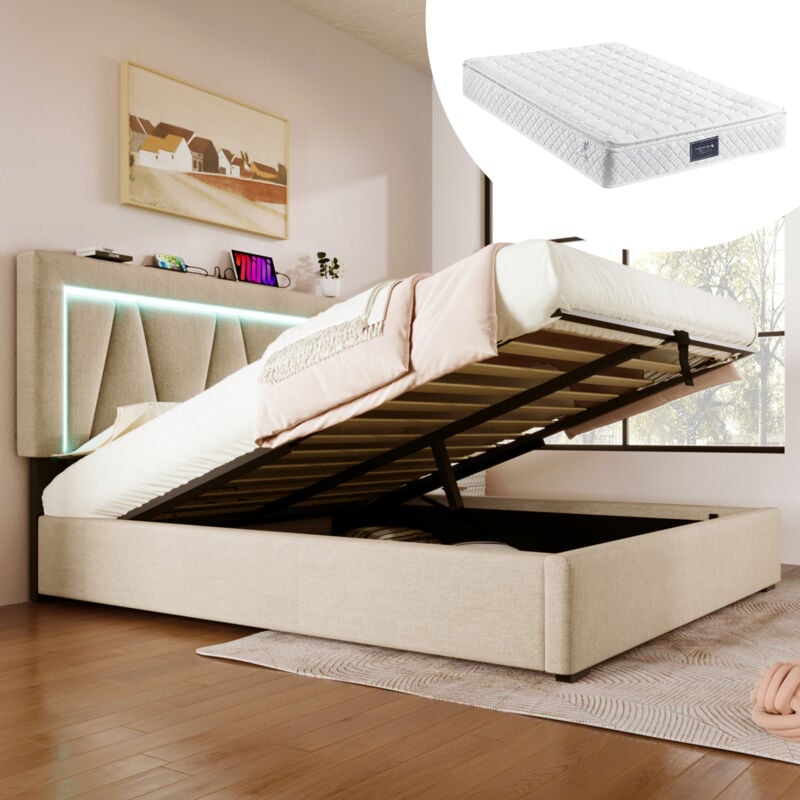 foto del prodotto letto imbottito matrimoniale a led con funzione di ricarica usb type c e illuminazione a led, letti contenitore, giroletto in lino, letto ragazzi
