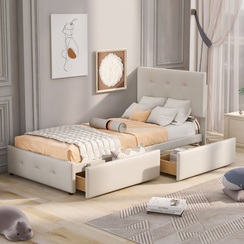 foto del prodotto letto imbottito per adulti 90 x 200 cm con rete a doghe, schienale e due cassetti, tessuto in velluto delicato sulla pelle, senza materasso 