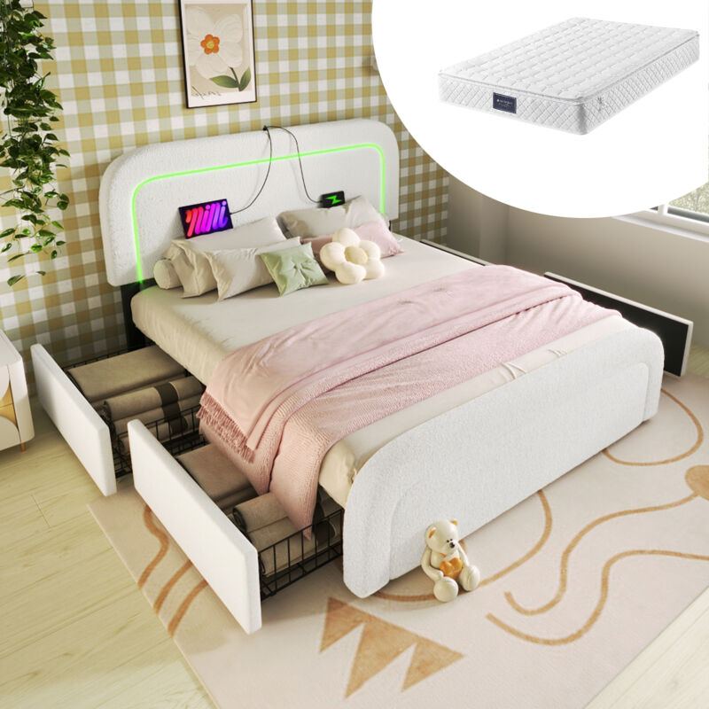 foto del prodotto letto imbottito per adulti letto con cassetti 160 x 200 cm con funzione di ricarica usb type c, led e 4 cassetti, bianco, materasso incluso