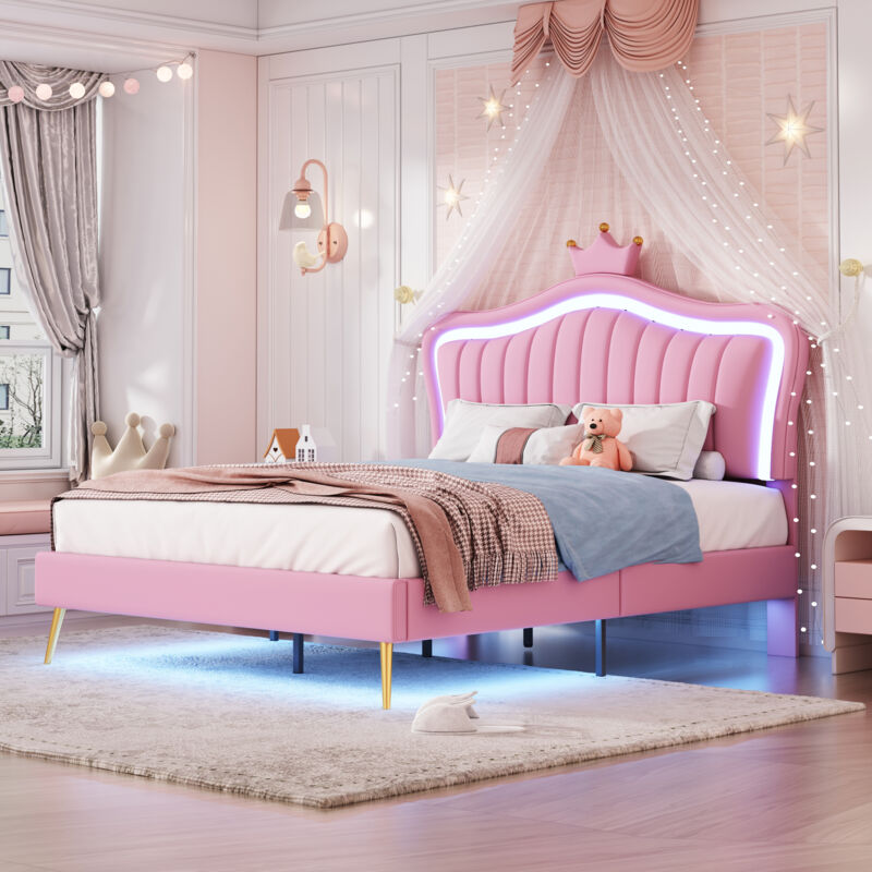 foto del prodotto letto imbottito per bambini 140 x 200 cm, corona rosa, pu, con luci led, rete a doghe e schienale
