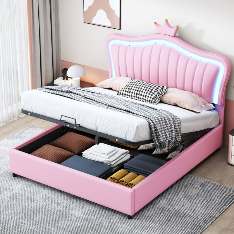 foto del prodotto letto imbottito per bambini 140 x 200 cm, letto contenitore idraulico, struttura letto singolo per bambine con corona rosa, pelle pu con luci led,