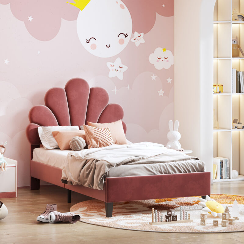 foto del prodotto letto imbottito per bambini 90 x 200 cm con rete, in tessuto di velluto, rosso