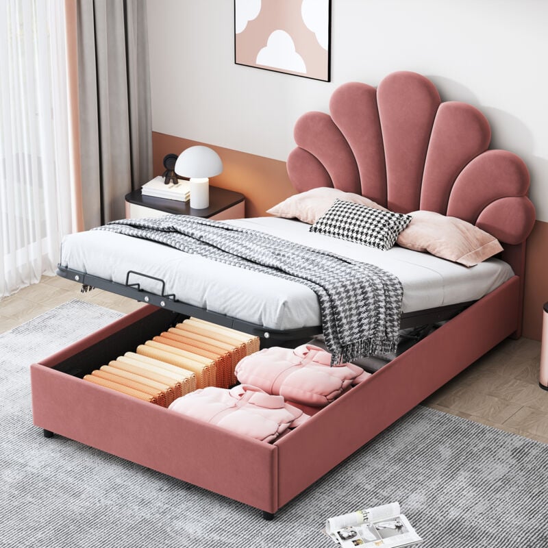 foto del prodotto letto imbottito per bambini 90 x 200 cm, con testiera floreale e rete a doghe, con testiera regolabile in altezza e contenitore idraulico, tessuto in