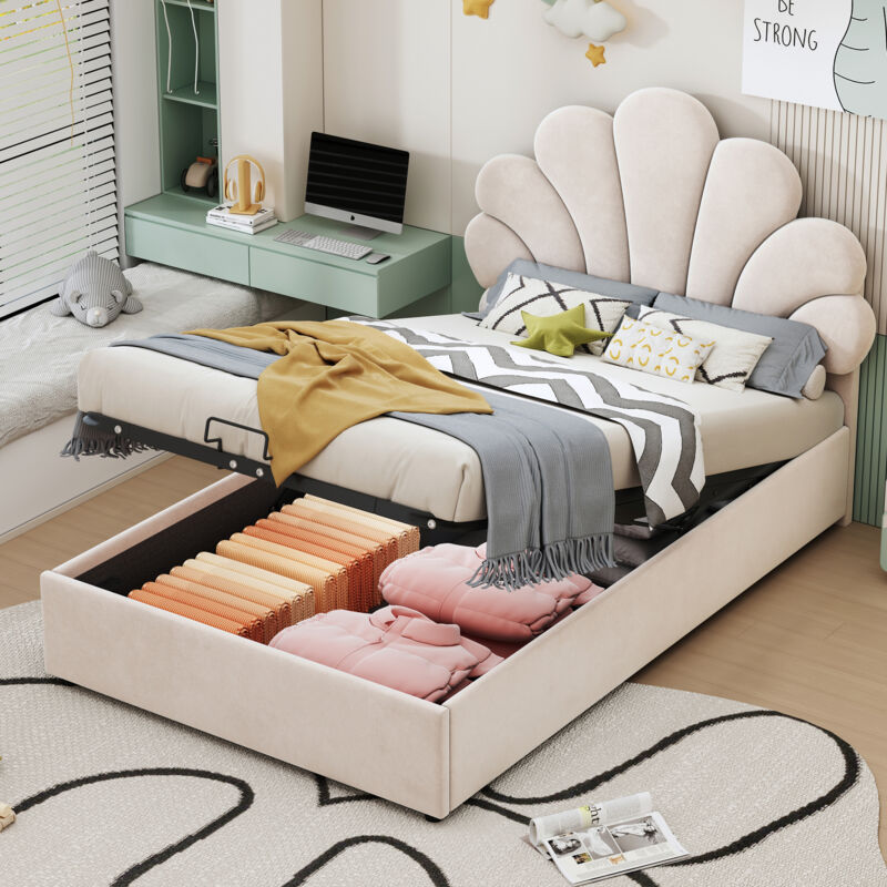 foto del prodotto letto imbottito per bambini 90 x 200 cm, con testiera floreale e rete a doghe, con testiera regolabile in altezza e contenitore idraulico, tessuto in