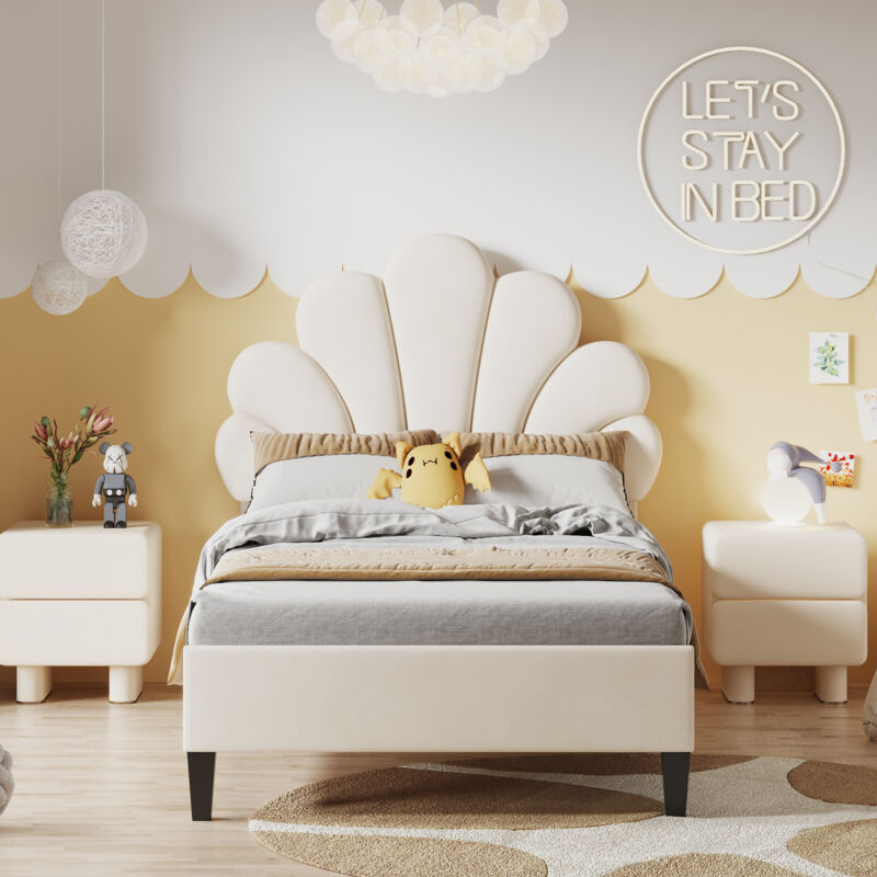 foto del prodotto letto imbottito per bambini 90 x 200 cm, giroletto con testiera a forma di fiore e rete a doghe, letto per ragazzi in tessuto di velluto delicato