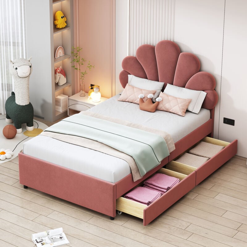 foto del prodotto letto imbottito per bambini 90 x 200 cm, giroletto con testiera floreale e rete a doghe, con 2 vani portaoggetti, lettino laterale per ragazze in