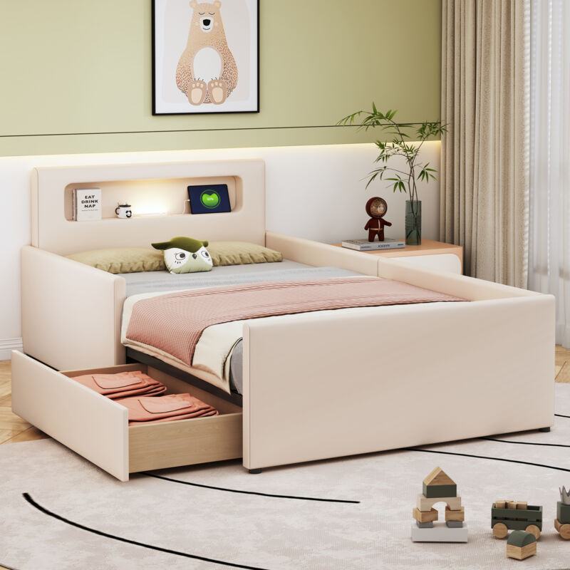 foto del prodotto letto imbottito per bambini 90200 cm, con luce notturna e porta di ricarica usb, con vani portaoggetti, pannelli laterali rialzati per la sicurezza,