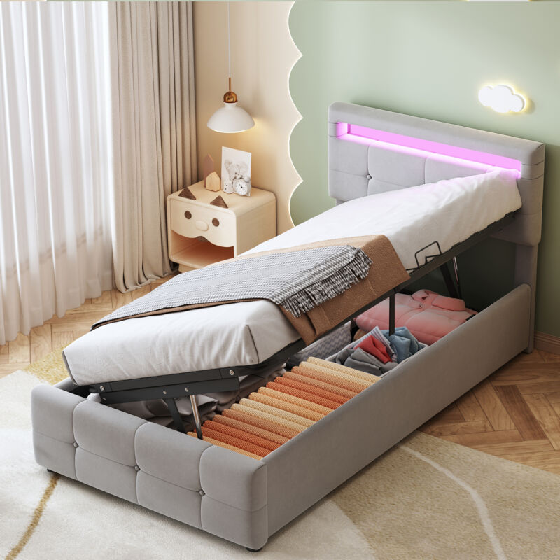 foto del prodotto letto imbottito per bambini 90x200 cm, con illuminazione a led, letto contenitore idraulico, testiera regolabile in altezza, letto contenitore
