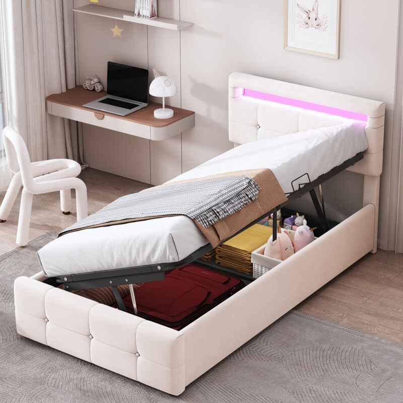 foto del prodotto letto imbottito per bambini 90x200 cm, con illuminazione led, letto contenitore idraulico, testiera regolabile in altezza, letto singolo contenitore