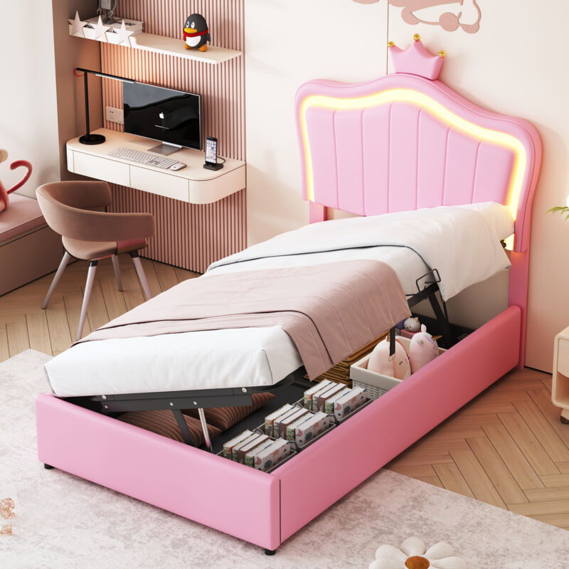 foto del prodotto letto imbottito per bambini 90x200 cm, con motivo corona, con illuminazione a led, letto contenitore idraulico, testiera regolabile in altezza, letto singolo contenitore rialzato con rete a doghe, eco