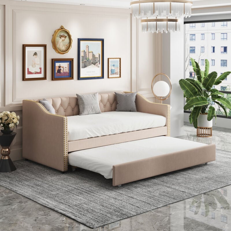 foto del prodotto letto imbottito per bambini 90x200, divano letto estraibile in lino resistente, beige