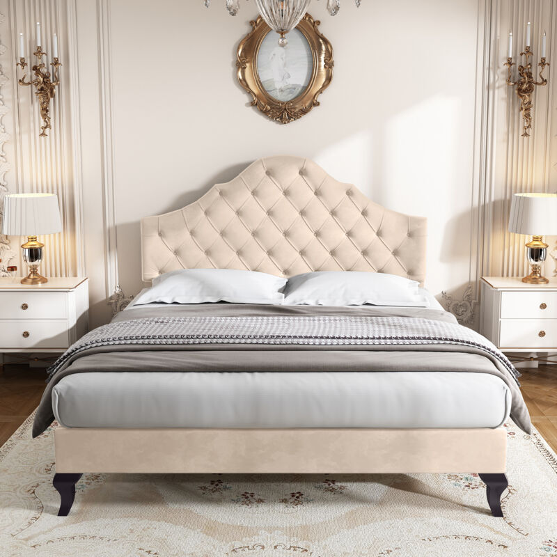 foto del prodotto letto imbottito per bambini con testiera regolabile, velluto, portata 150 kg 140 x 190 cm, beige