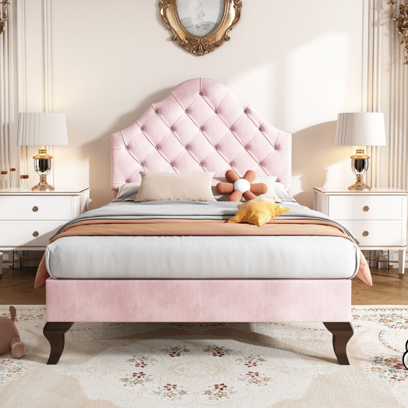 foto del prodotto letto imbottito per bambini con testiera regolabile, velluto, portata 150 kg 90 x 200 cm, rosa
