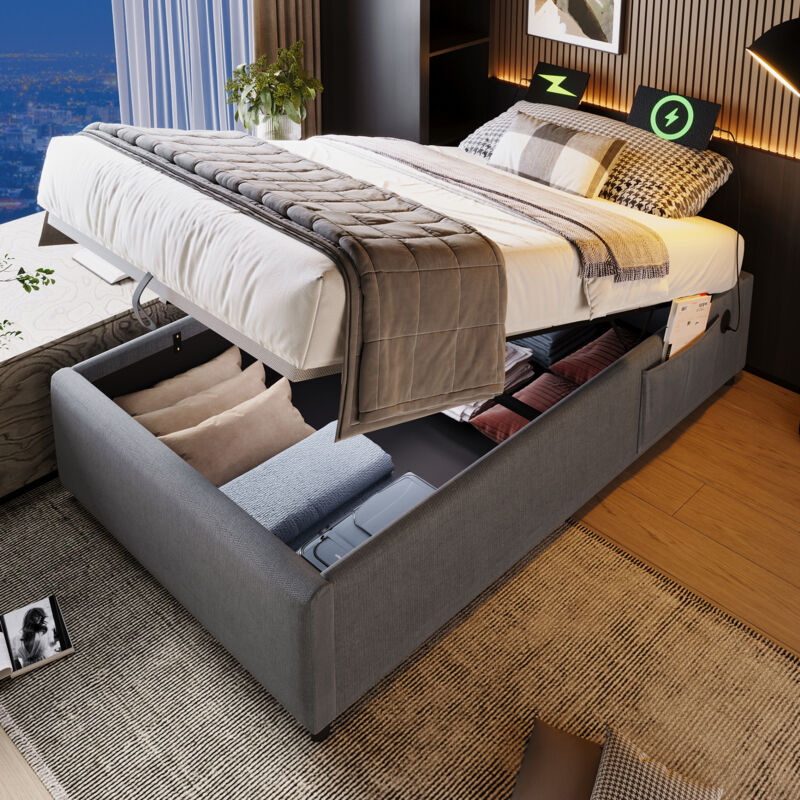 foto del prodotto letto imbottito singolo 90 190 cm, giroletto contenitore con usb c e rete a doghe a tutta superficie, senza testiera, cotone, grigio